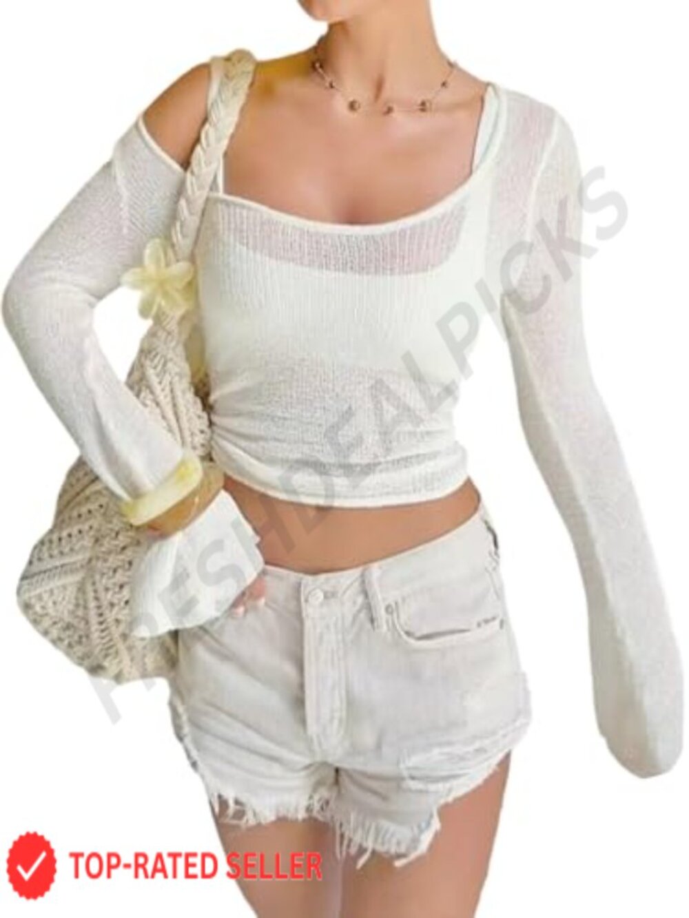 SHENHE Sheer Long Bell Sleeve Swim Cover Up Knit Top